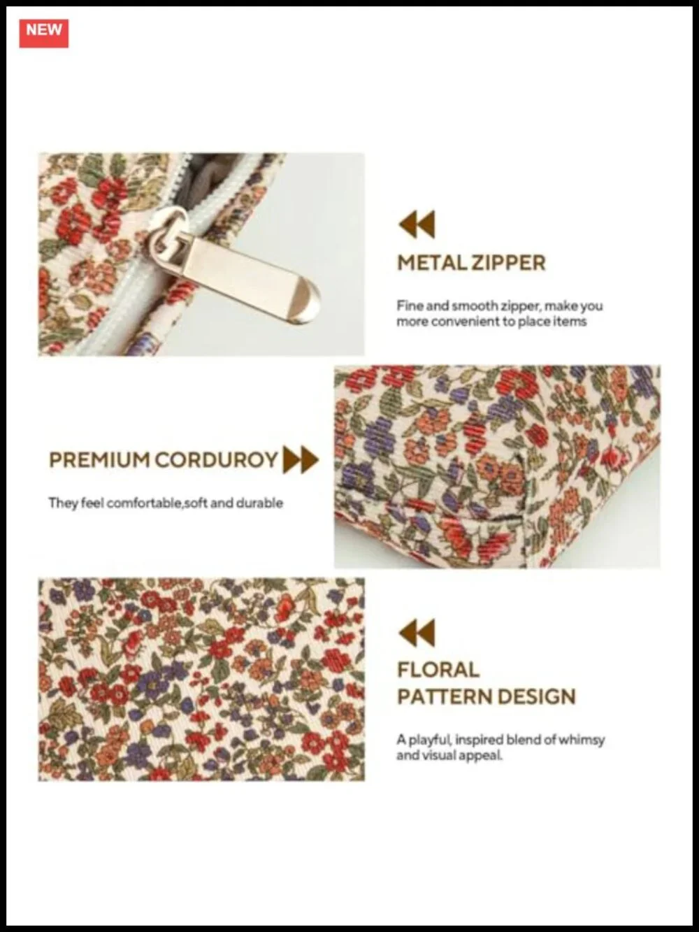 Corduroy Floral Makeup Bag Set of 3, Large Capacity Cosmetic Bags, Travel